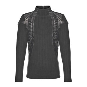 Customized <b>Men's</b> Gothic Black Long Sleeve Knit Top with Leather Splicing and Lacing Details Custom OEM ODM - Product Image 4