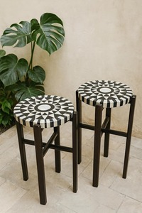 Modern <b>Marble</b> Top Nesting Stools With Wood Frame Contemporary Home <b>Bar</b> Furniture Black White Geometric Design - Product Image 1