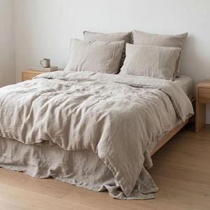 Ensemble de literie en lin beige 4 pièces, ensemble de literie tissé doux et uni avec taies d'oreiller - Product Image 1