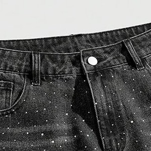 Shorts en jean pour hommes, style streetwear, personnalisés, délavés vintage, avec strass, par un fabricant de denim - Product Image 5
