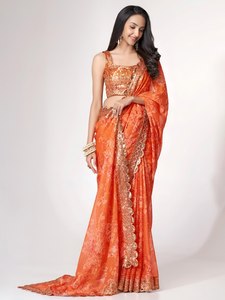 Rivaayat House <b>Orange</b> Floral Print Organza Floor-Length Traditional <b>Saree</b> with Blouse Padded Wedding Festival Wear for Women - Product Image 6