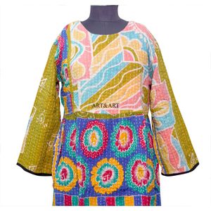 Vestido maxi bohemio elegante de alta costura para mujer, con cuello redondo, manga tres cuartos, tela de algodón kantha, estilo casual. - Product Image 3