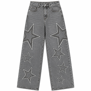 Women's Blue Star <b>Embroidered</b> Loose Fit Dark Wide Leg High Waist Summer Light Denim <b>Jeans</b> Casual Streetwear OEM ODM - Product Image 2