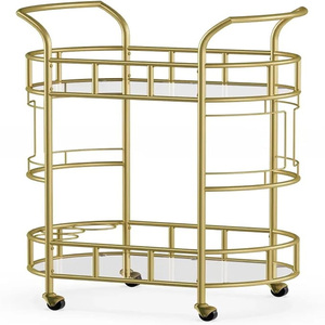 Chariot de bar doré pour la maison, chariot de service sur roulettes verrouillables avec étagères en verre trempé, chariot de bar à 2 niveaux - Product Image 1