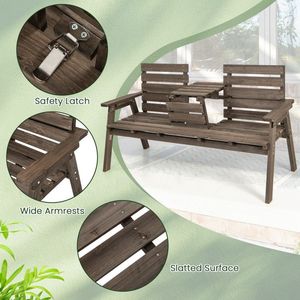 <b>Outdoor</b> Fir Wood Patio Bench with Convenient <b>Foldable</b> Middle <b>Table</b> - Product Image 6