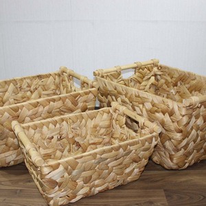 Hot Deal Water Hyacinth Woven Storage <b>Basket</b> Rattan <b>Basket</b> Set <b>with</b> Wooden <b>Handles</b> - Product Image 1
