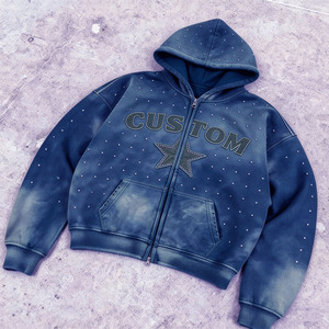 Sudadera con Capucha y Cremallera Bordada Personalizada para Hombre, Estilo Urbano Oversize, Diseño de Estrella Verde con Pedrería, Tejido French Terry, Ropa de Otoño - Product Image 2