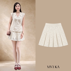 Falda plisada con lentejuelas y encaje de cintura alta color crema para mujer, minifalda femenina para fiesta con pantalones cortos incorporados MORNA - Product Image 1