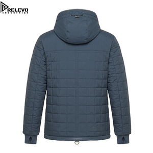 Men Navy Blue Technical <b>Winter</b> Jacket, Modern Outdoor Hooded <b>Coat</b> with Geometric Textured Panels and <b>Waterproof</b> Zipper Pocket - Product Image 2