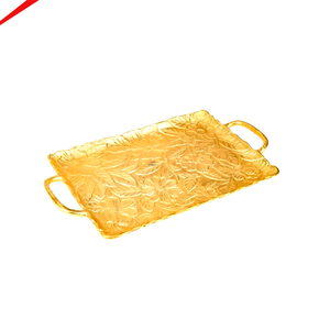 Plateau de service en aluminium doré embossé de luxe avec poignées, grand plateau décoratif en métal à motifs floraux pour mariage et décoration intérieure - Product Image 1