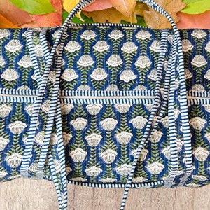 Sac de voyage en toile imprimé à la main avec motifs floraux, bleu vert, grande capacité, fermeture éclair, style décontracté - Product Image 5