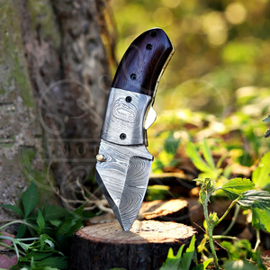 มีดพับเหล็กดามัสกัสขนาดเล็ก ด้ามไม้เนื้อแข็งสีเข้ม ทำมือแบบสั่งทำพิเศษ มีด EDC สำหรับพกพา มีดสำหรับตั้งแคมป์กลางแจ้ง - Product Image 2