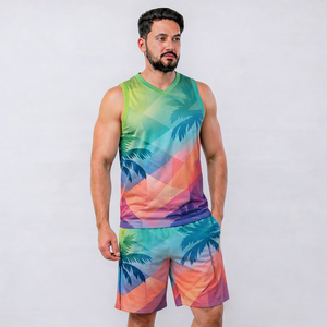 Men's White Orange Blue Geometric Tank Top And Shorts <b>Set</b> V-Neck Quick Dry <b>Knitted</b> Polyester Sporty Summer Outfit - Product Image 4