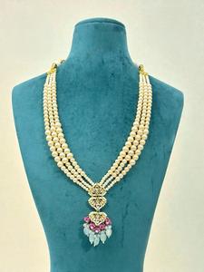 Magnifique ensemble de collier en laiton plaqué or de haute qualité, aspect perle, style Ahemdabadi Kundan, pour femmes, cadeau pour mariage et soirée - Product Image 2