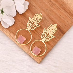 Elegant Pink <b>Cat's</b> Eye Gemstone <b>Earrings</b> Gold Plated Brass Fashion Jewelry for Women - Product Image 3
