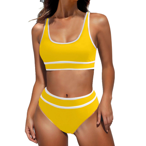 Ensemble bikini jaune deux pièces, haut taille haute avec bordure contrastée, maillot de bain pour femmes - Product Image 5