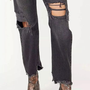 Jean déchiré Y2K ample en denim délavé avec broderie et logo personnalisé pour femme – Coupe droite - Product Image 3