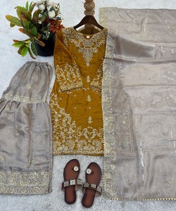 Women Boutique Style Sharara <b>Kurti</b> Dupatta Set Elegant Festival Wedding Wear Outfit Yellow Salwar Kameez Set Modest wear 83087 - Product Image 4