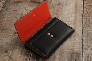 Genuine Leather Long <b>Wallet</b> Unisex <b>Fold</b> Closure Handmade Minimalist Design Black with Red Stitching - Product Image 3