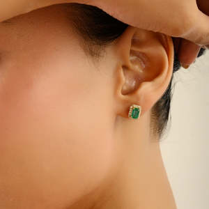 18K Gold Moissanite Emerald Halo Diamond Stud <b>Earrings</b> Set for Wedding Gift - Product Image 3