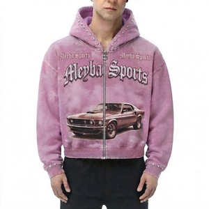 Vintage Car Graphic Digital Zip Hoodie <b>Jacket</b> <b>Gothic</b> Typography Washed Finish Rhinestone Hood Details Casual Urban Street 100% - Product Image 1