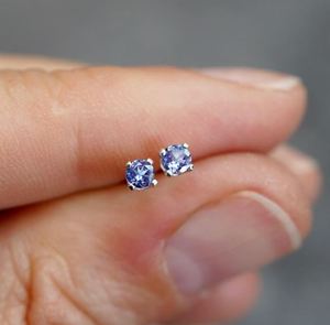 Round Cut Natural Tanzanite <b>Stud</b> Earrings 3mm Sterling <b>Silver</b> White Gold Plated Dainty Minimalist Gemstone Jewelry Gift for Her - Product Image 2