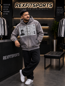 REXFITSPORTS 2026 <b>Men</b>’s Washed <b>Grey</b> Oversized Zip Up Hoodie Custom Photo Graphic Print Premium Cotton <b>Fleece</b> Streetwear Jacket - Product Image 3