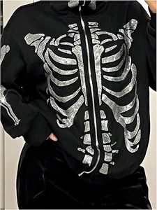 Sudadera con capucha gótica Y2K transpirable con estampado de esqueleto y letras decorativas para mujer, de manga larga, estilo streetwear - Product Image 3