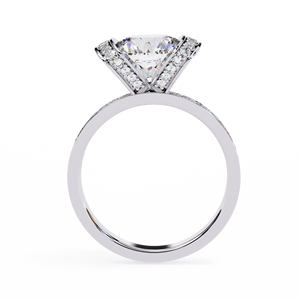 Bague de fiançailles en moissanite ronde brillante, argent 925 plaqué rhodium, sertissage clos, bande pavée, style classique pour femme - Product Image 4