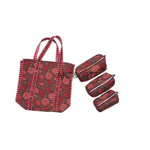 Indian Handmade Cotton Quilted Fabric Utility Pouches Tote Bags Combo Newest Zipper Open Beach Use Hand Machine Washable - Product Image 2