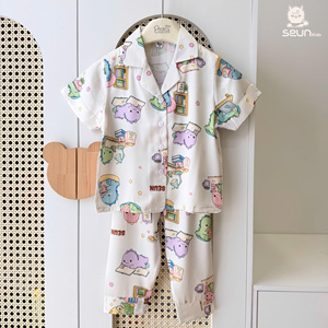 SeunKids Kids Latin Silk Short <b>Sleeve</b> Pajama <b>Top</b> with <b>Long</b> Pants Soft Breathable Nightwear Vietnam Factory - Product Image 3