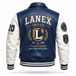 Custom Navy Blue <b>White</b> Leather Varsity <b>Jacket</b> for <b>Men</b> Classic Letterman Bomber <b>Jacket</b> with Chenille Patches OEM ODM Factory - Product Image 3