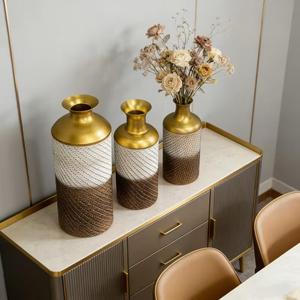 Tabletop And Floor Mount Decorative Vase Set With Rope Texture Gold <b>Top</b> Tabletop Decor Handmade Design Artificial Flower Vases - Product Image 1