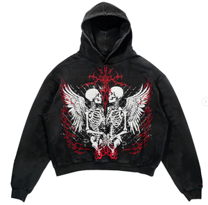 Sweat à capuche personnalisé épais et oversize, motif squelette gothique, avec strass, noir délavé vintage, style streetwear, pour hommes et femmes, Y2K - Product Image 1