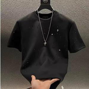 <b>Men's</b> Red Short Sleeve O-Neck T-Shirt With Rhinestone Dot Pattern Street Style Knitted Fabric Regular Fit - Product Image 5