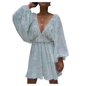 Vestido de Noche Sexy con Cuello en V Profundo y Mangas Farol para Mujer, Primavera-Verano 2026, Estampado a Mano, Ideal para Fiestas y Eventos - Product Image 1