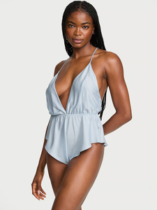 <b>Women's</b> Light Blue Chiffon Sleeveless Sleep <b>Romper</b> Halter Neck Elastic Waist Summer Sexy Solid Color Full Length Sleepwear - Product Image 4