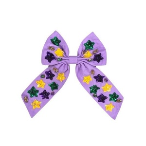 Accessoire de cheveux violet à longue queue pour festival, étoiles scintillantes, paillettes Mardi Gras, nœud à sequins, embellissements, emballage carton pour fête - Product Image 1