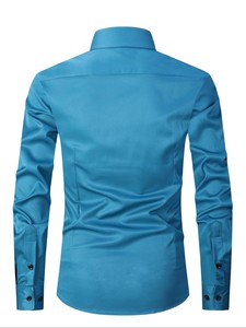 Chemise habillée en satin de soie bleue pour homme, manches longues, col rabattu, formelle, infroissable, couleur unie, boutonnée - Product Image 3