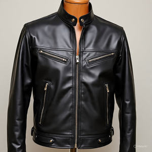 Veste en cuir pour homme, cuir de vache véritable, doublure en satin, col superposé en fausse fourrure, veste 2026 - Product Image 3