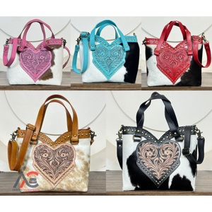 2026 March Expo Trending Turquoise Heart Shape Tooled Leather Tote Bags Premium Cowhide Leather Hand Carry Strap Fashion <b>Handbag</b> - Product Image 1