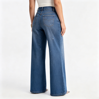 Pantalon en jean taille haute à jambe large, bleu délavé moyen, coupe ample, longueur intégrale, en coton, style décontracté, fermeture boutonnée, motif à pois perlés