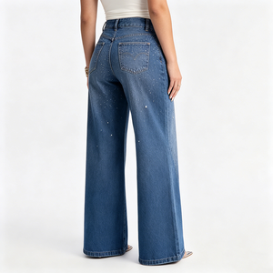 Pantalon en jean taille haute à jambe large, bleu délavé moyen, coupe ample, longueur intégrale, en coton, style décontracté, fermeture boutonnée, motif à pois perlés - Product Image 5