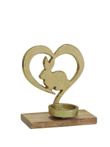 Modern Embroidered Gold Nickel Aluminium <b>Easter</b> Bunny in Heart Candle Holder with Tealight <b>Cup</b> and Wooden Base - Product Image 2