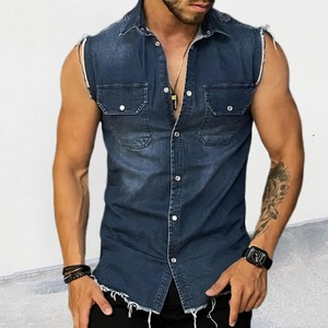 Chaleco vaquero sin mangas con solapa para hombre, blusa tipo cárdigan, venta al por mayor - Product Image 3