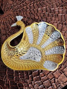 Metal Aluminum Peacock Pin Tray Center Table Decorative <b>Platter</b> Gold Silver Plated Dry Fruit Serving Bowl for Home Decor - Product Image 5