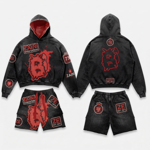 Ensemble sweat à capuche et short en molleton de coton mélangé 320 GSM, noir et rouge, avec logo personnalisé imprimé et détails graphiques, style urbain - Product Image 1