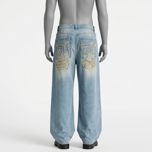 <b>Men's</b> High Waist <b>Wide</b> <b>Leg</b> Bleach Wash Denim <b>Jeans</b> With Embroidery Loose Fit Streetwear Style Summer Cotton Pants - Product Image 6