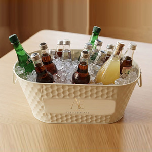 Modern Cream Hammered Oval Galvanized Steel <b>Ice</b> Bucket With Wire Side Handles Powder Coated Metal Party Beer Beverage Tub Supply - Product Image 1