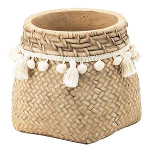 Juego de 2 Macetas de Cemento Marrón de 6.5x6.5x6 Pulgadas con Adorno de Borlas Tejidas - Product Image 4
